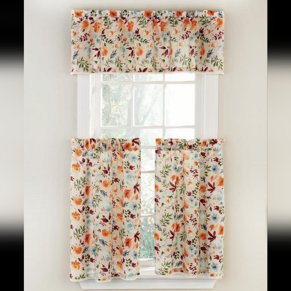 NEW The Pioneer Woman “Willow” 3-Piece Kitchen Curtain Set  Valance & 2 Tiers